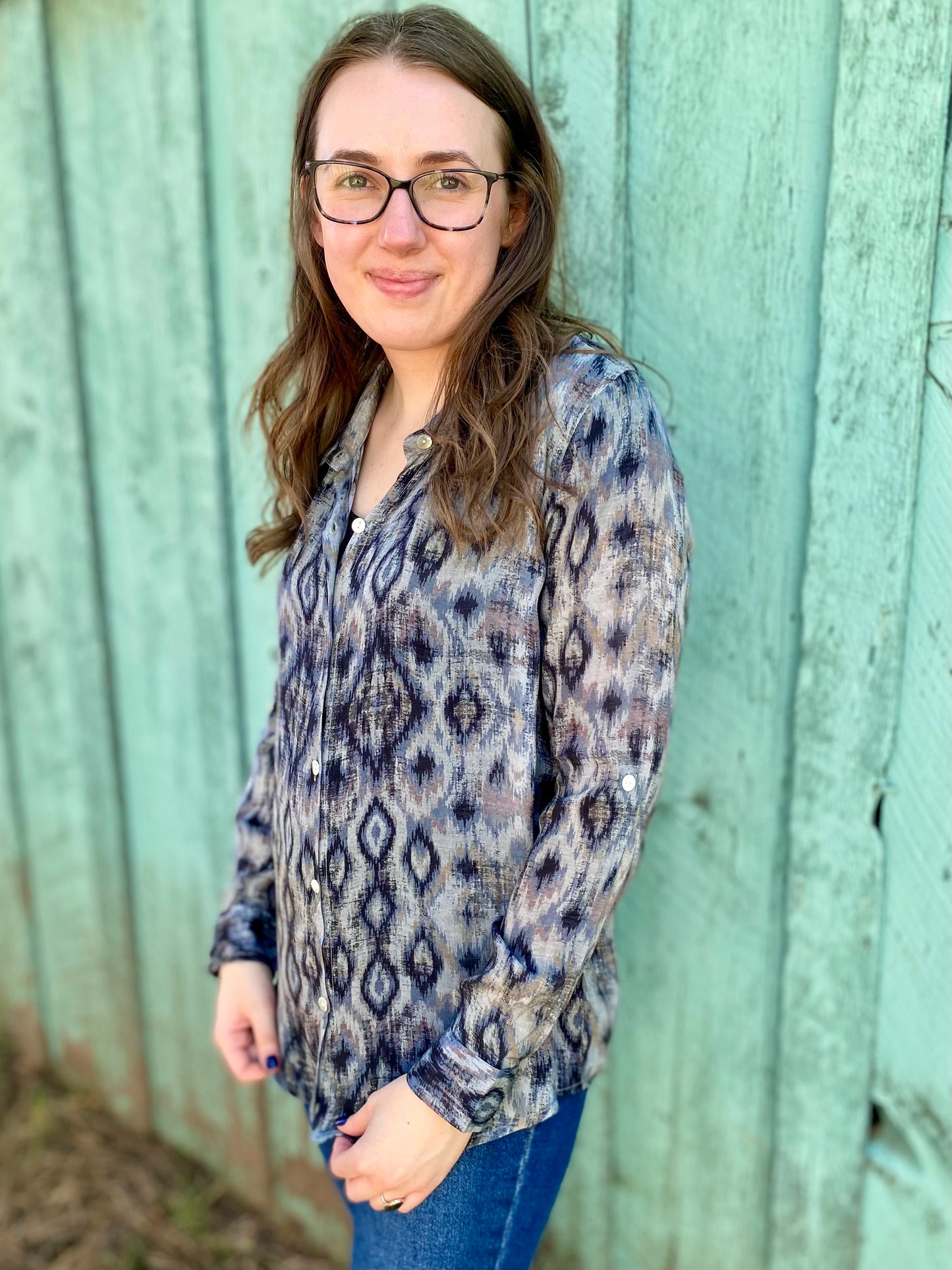 Gray Watercolor Button-Up Blouse