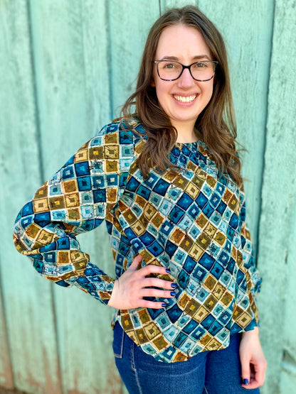 Boatneck Blouse with Smocked Cuff