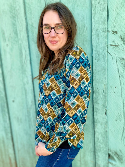 Boatneck Blouse with Smocked Cuff