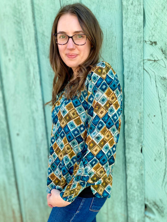 Boatneck Blouse with Smocked Cuff