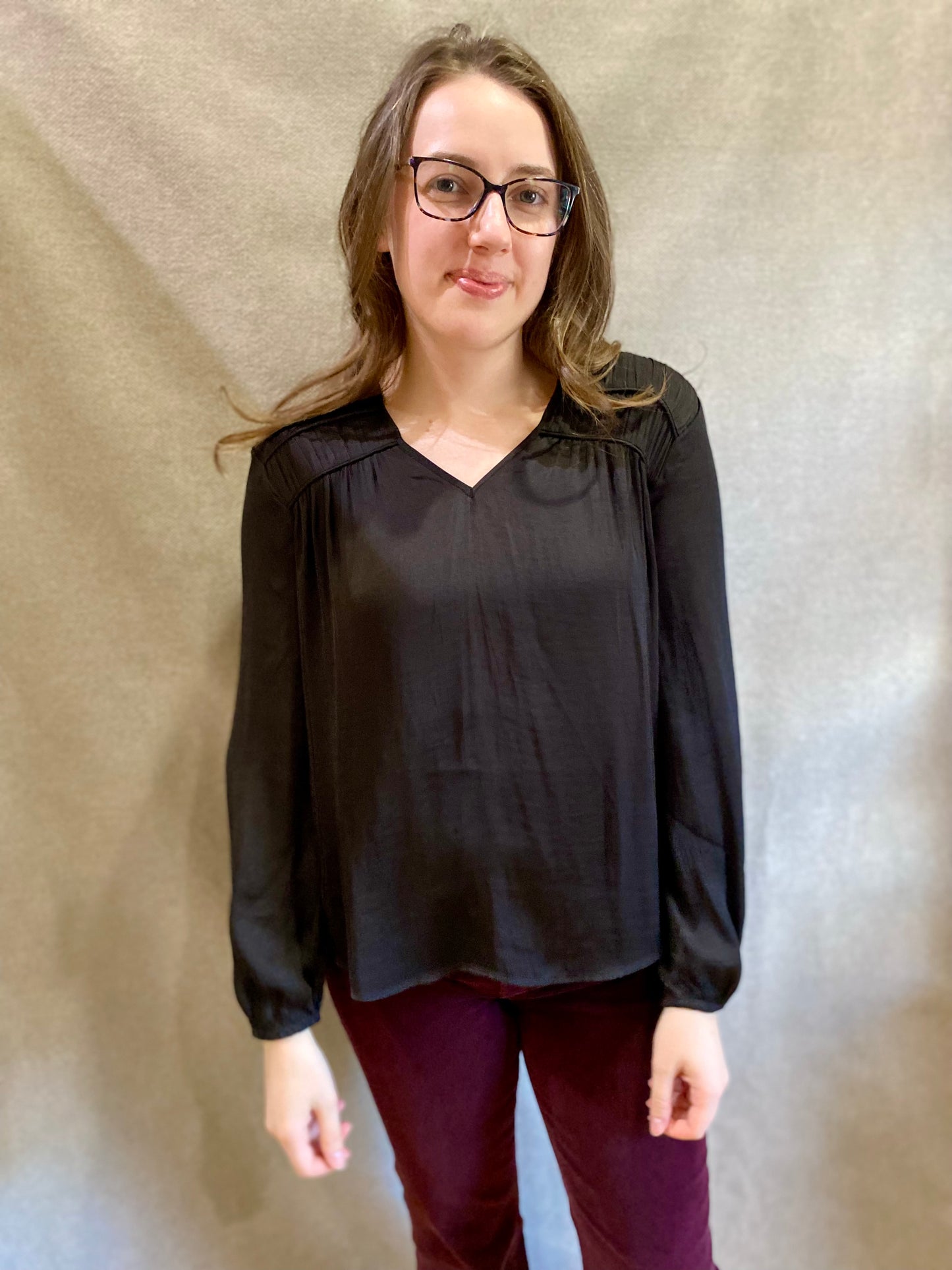 Long Sleeve Shirred Blouse in Black