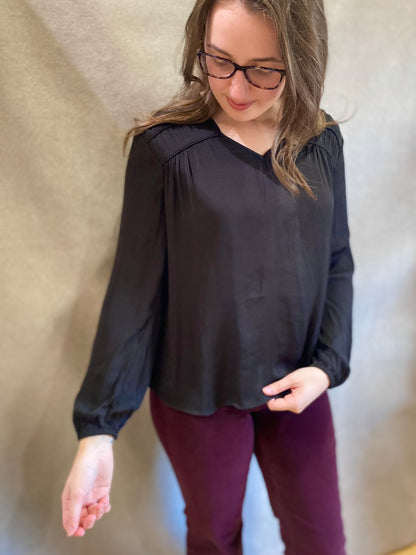 Long Sleeve Shirred Blouse in Black