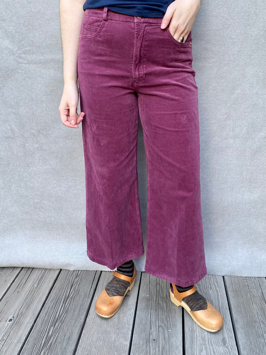 Audrey High Rise Wide Leg Crop Corduroy in Plum Berry