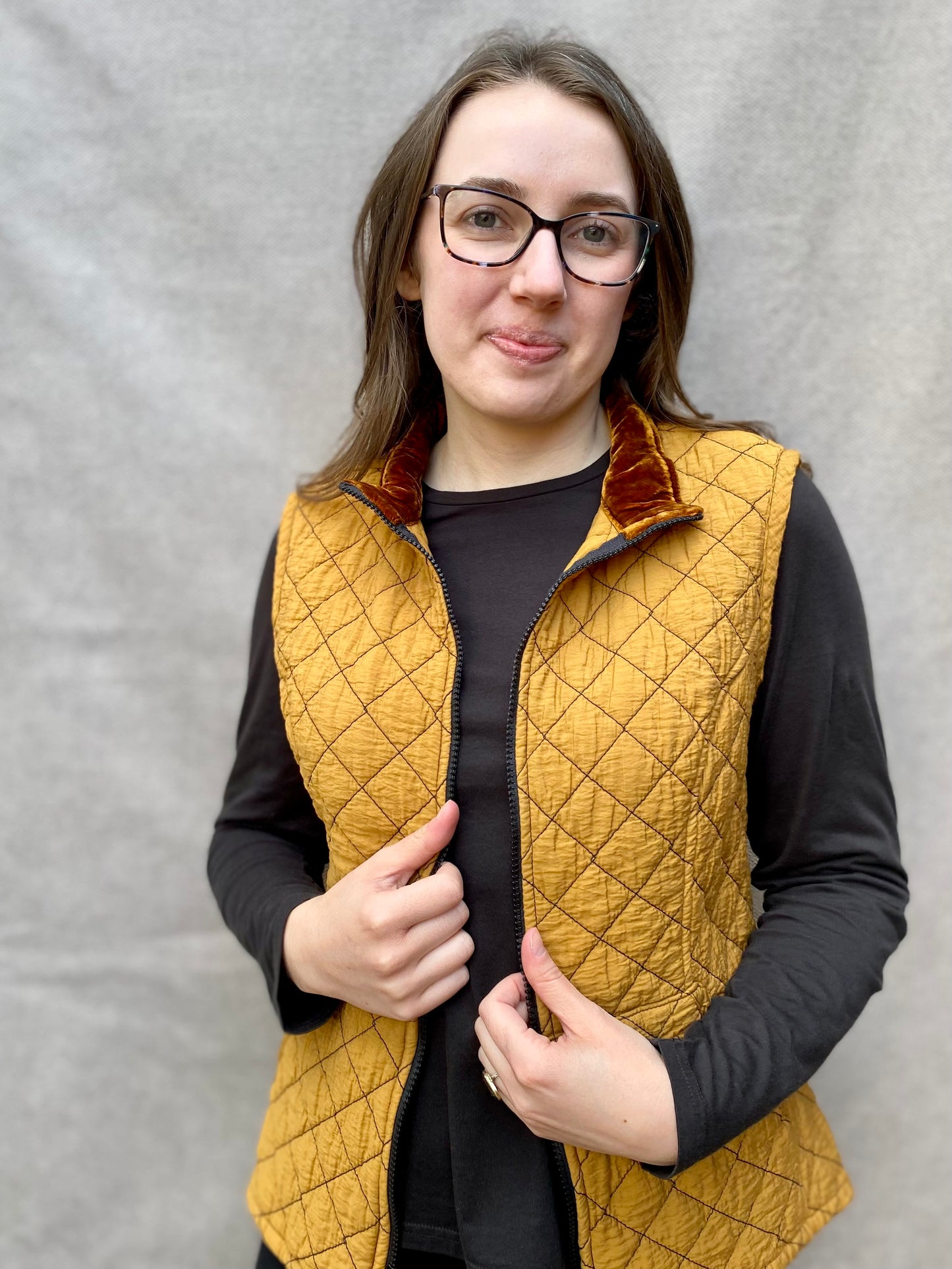 Zip Front Quilted Vest in Brass