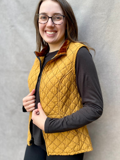 Zip Front Quilted Vest in Brass