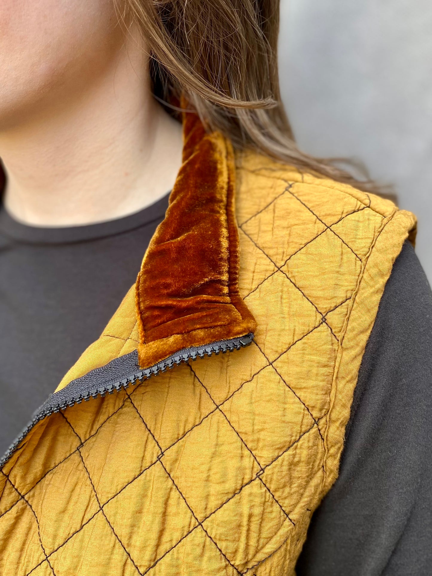 Zip Front Quilted Vest in Brass