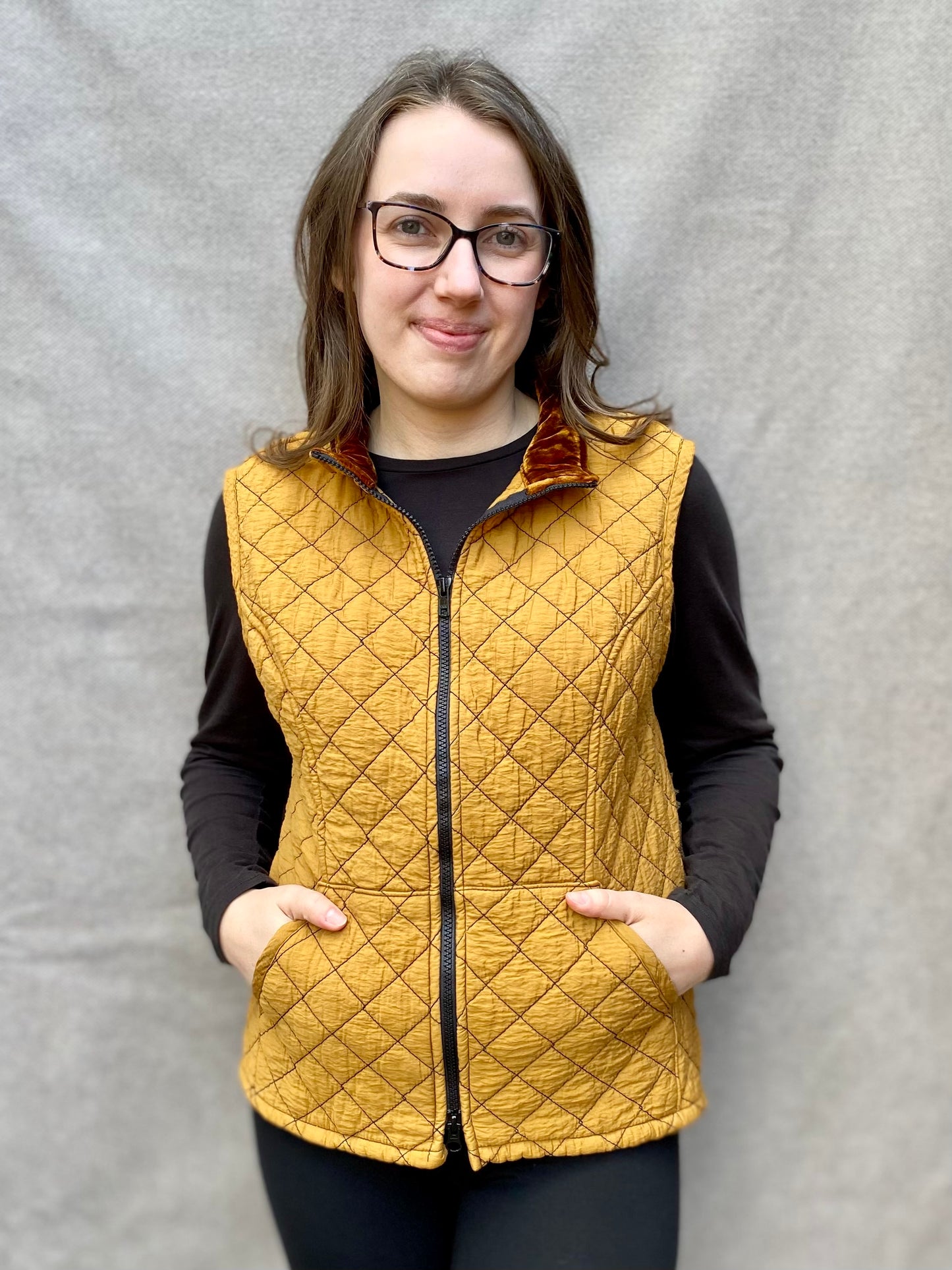 Zip Front Quilted Vest in Brass