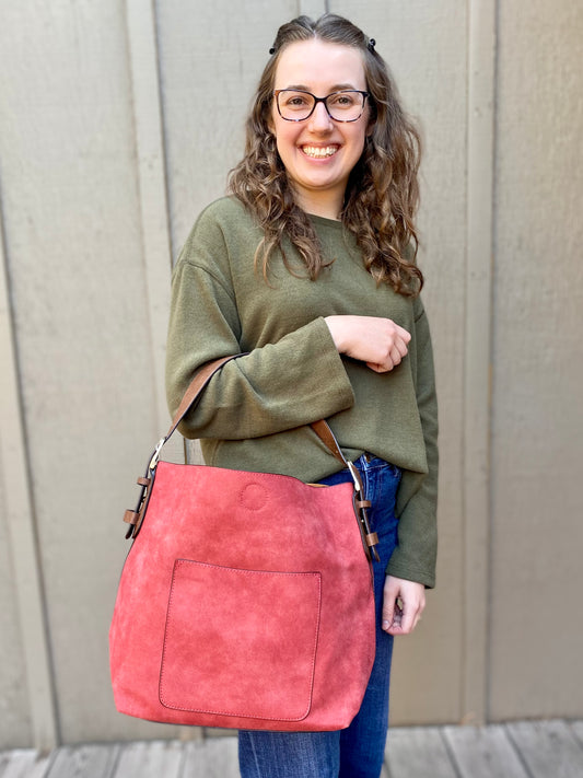 Rich Faux Suede Hobo Handbag in Rust