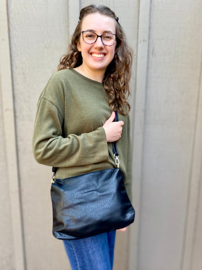 Rich Faux Suede Hobo Handbag in Black