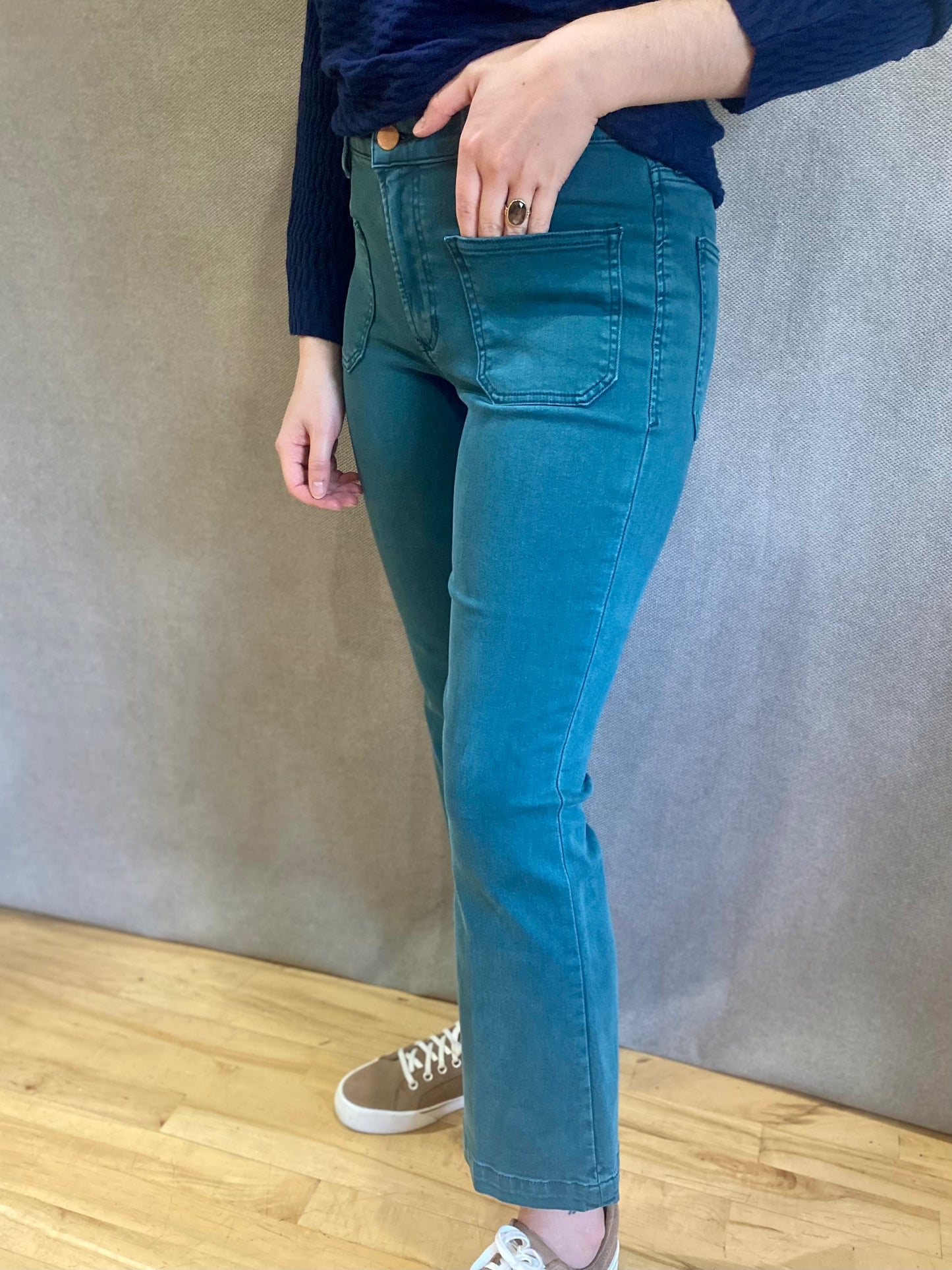 Jeanne High Rise Cropped Flare Jean in Deep Teal