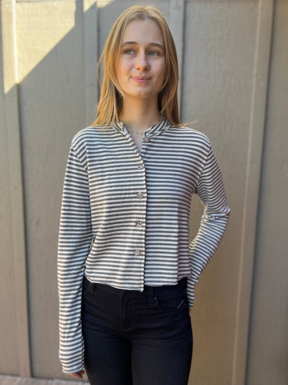 Crop Asymmetrical Cardigan in Moonbeam with Grey Stripe