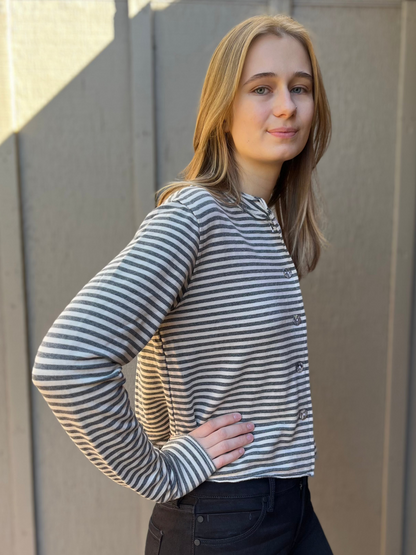 Crop Asymmetrical Cardigan in Moonbeam with Grey Stripe