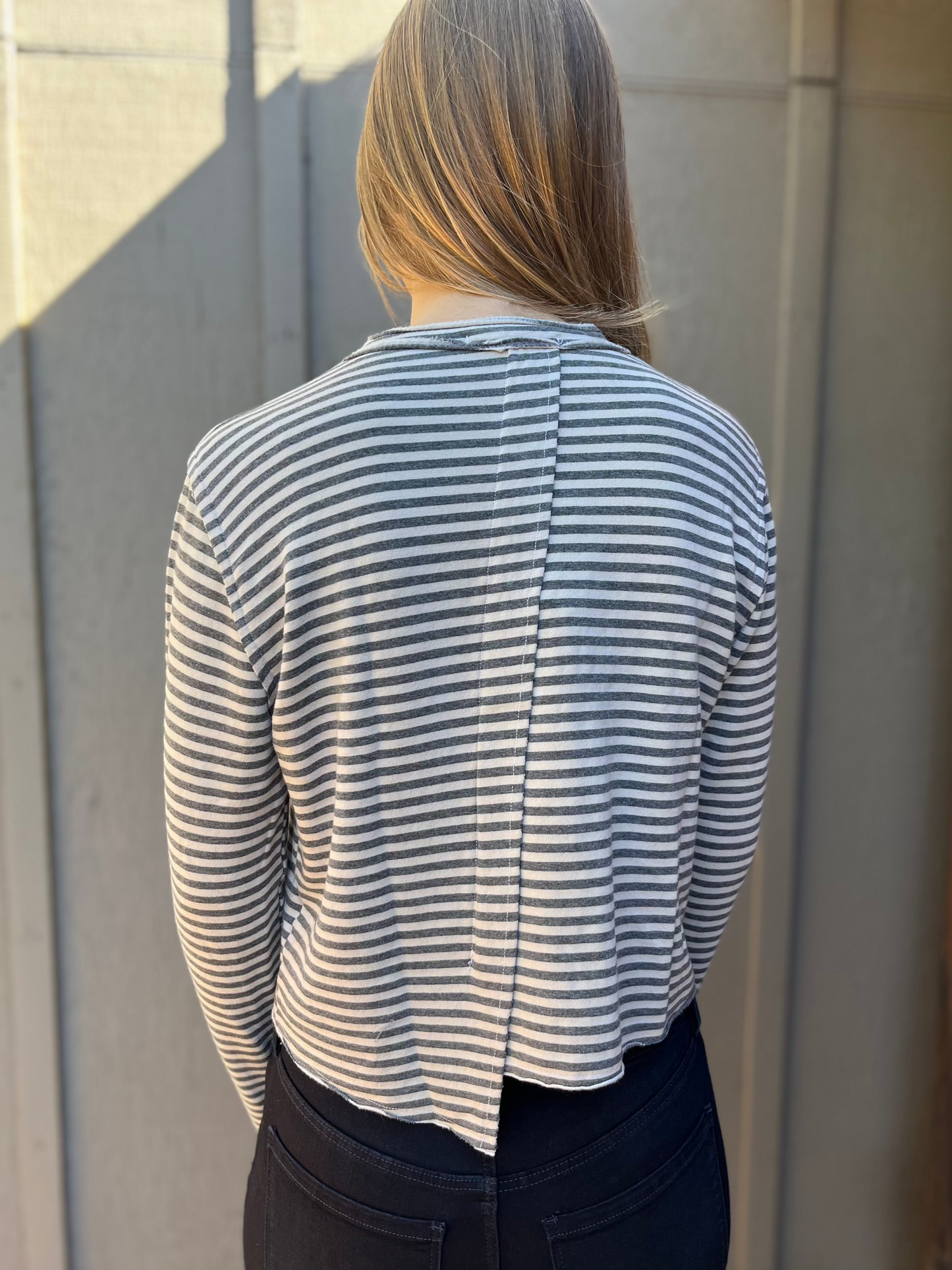 Crop Asymmetrical Cardigan in Moonbeam with Grey Stripe