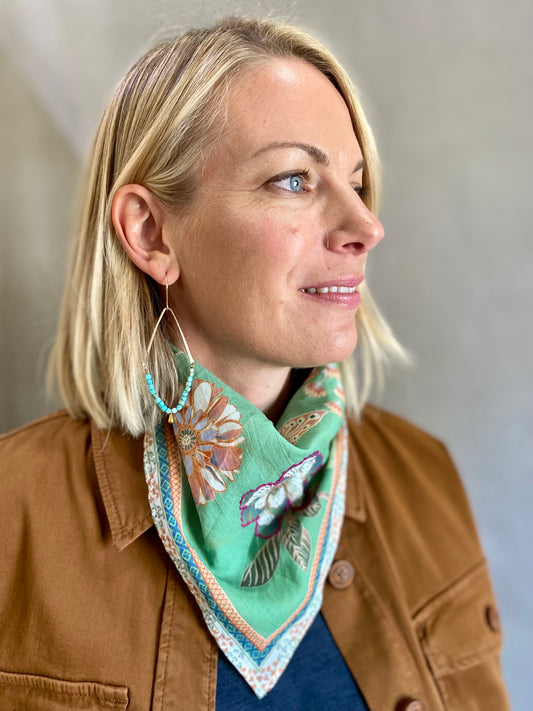 Green & Rust Printed Square Scarf with Embroidery