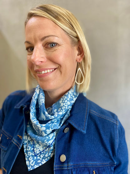 Blue & White Printed Square Scarf with Embroidery