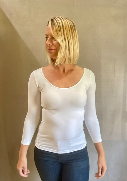 3/4 Sleeve Scoop Neck Top in White