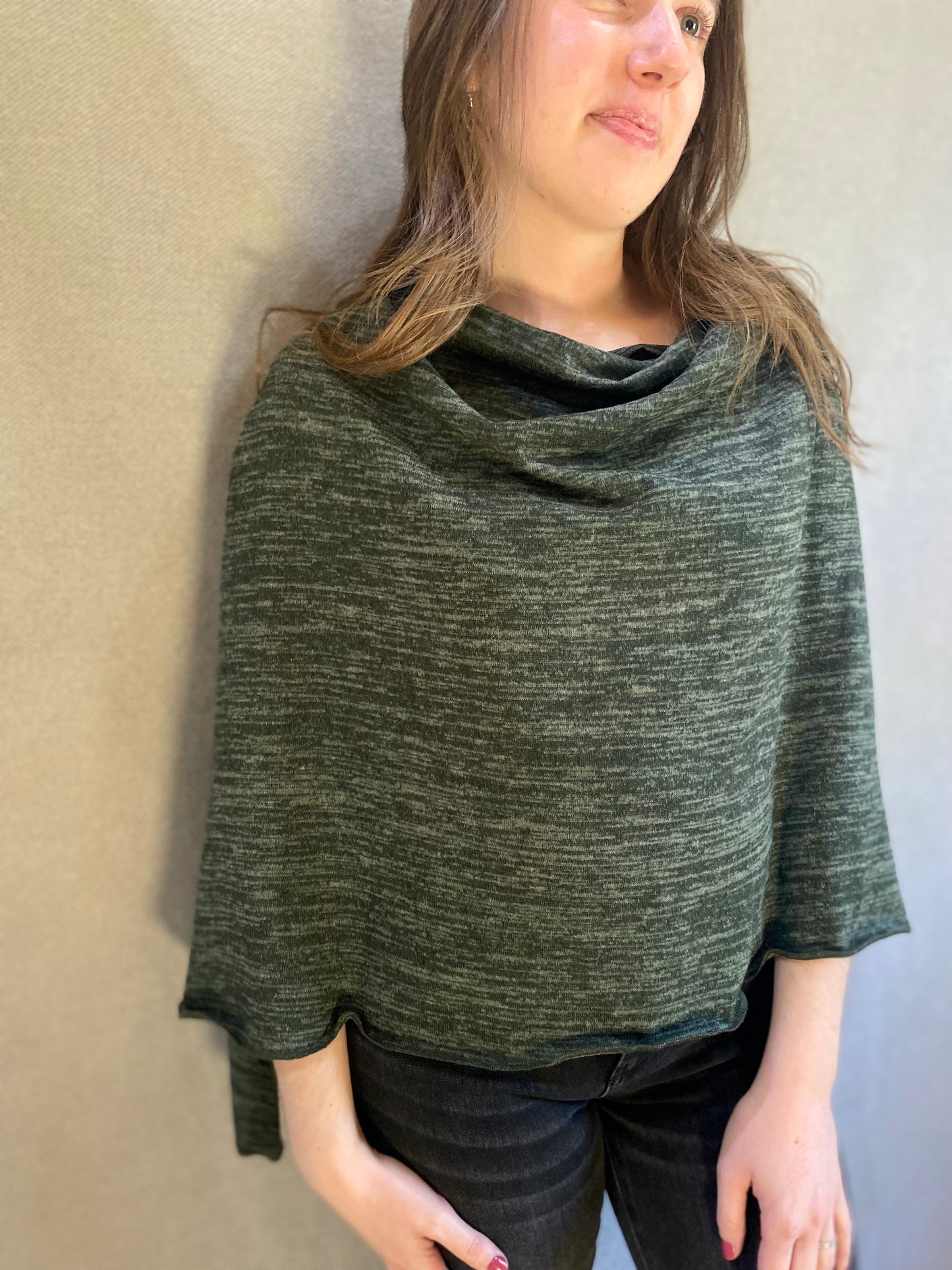 Heather Jersey Knit Poncho in Forest