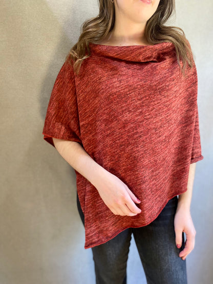 Heather Jersey Knit Poncho in Rust