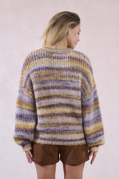 Oversized Crew Sweater in Mauve Multi Stripe