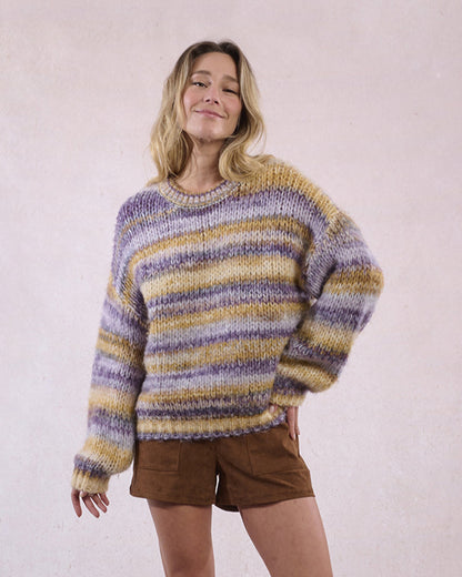 Oversized Crew Sweater in Mauve Multi Stripe