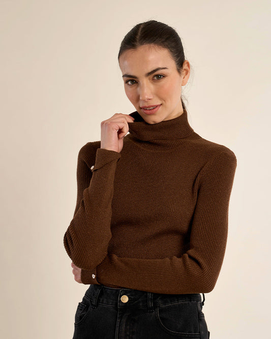Ribbed Knit Turtleneck Sweater in Chocolate