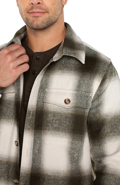 Plaid Shirt Jacket in Ivory & Olive