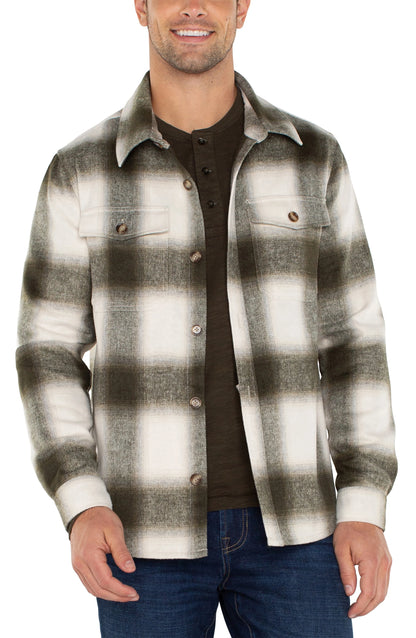 Plaid Shirt Jacket in Ivory & Olive