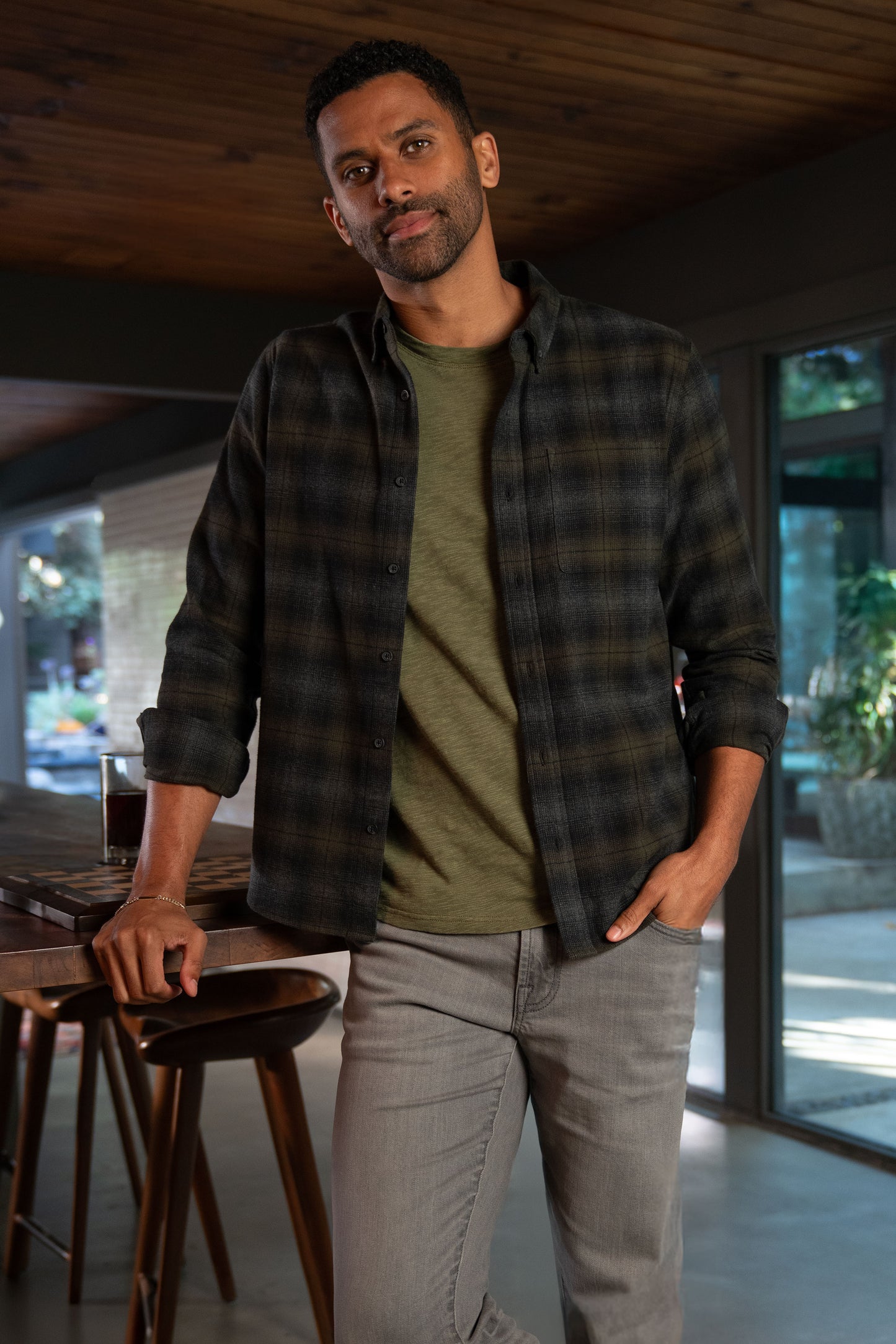 Long Sleeve Button Up in Black/Grey Plaid | Liverpool