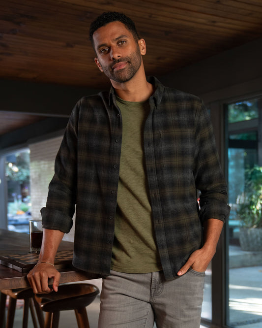 Long Sleeve Button Up in Black/Grey Plaid | Liverpool