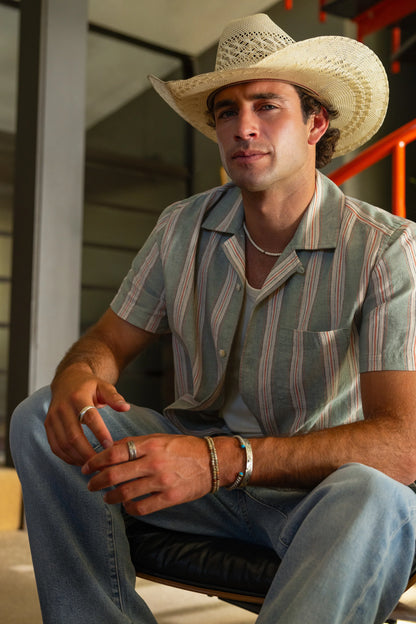 Short Sleeve Button Up in Sage Stripe | Liverpool
