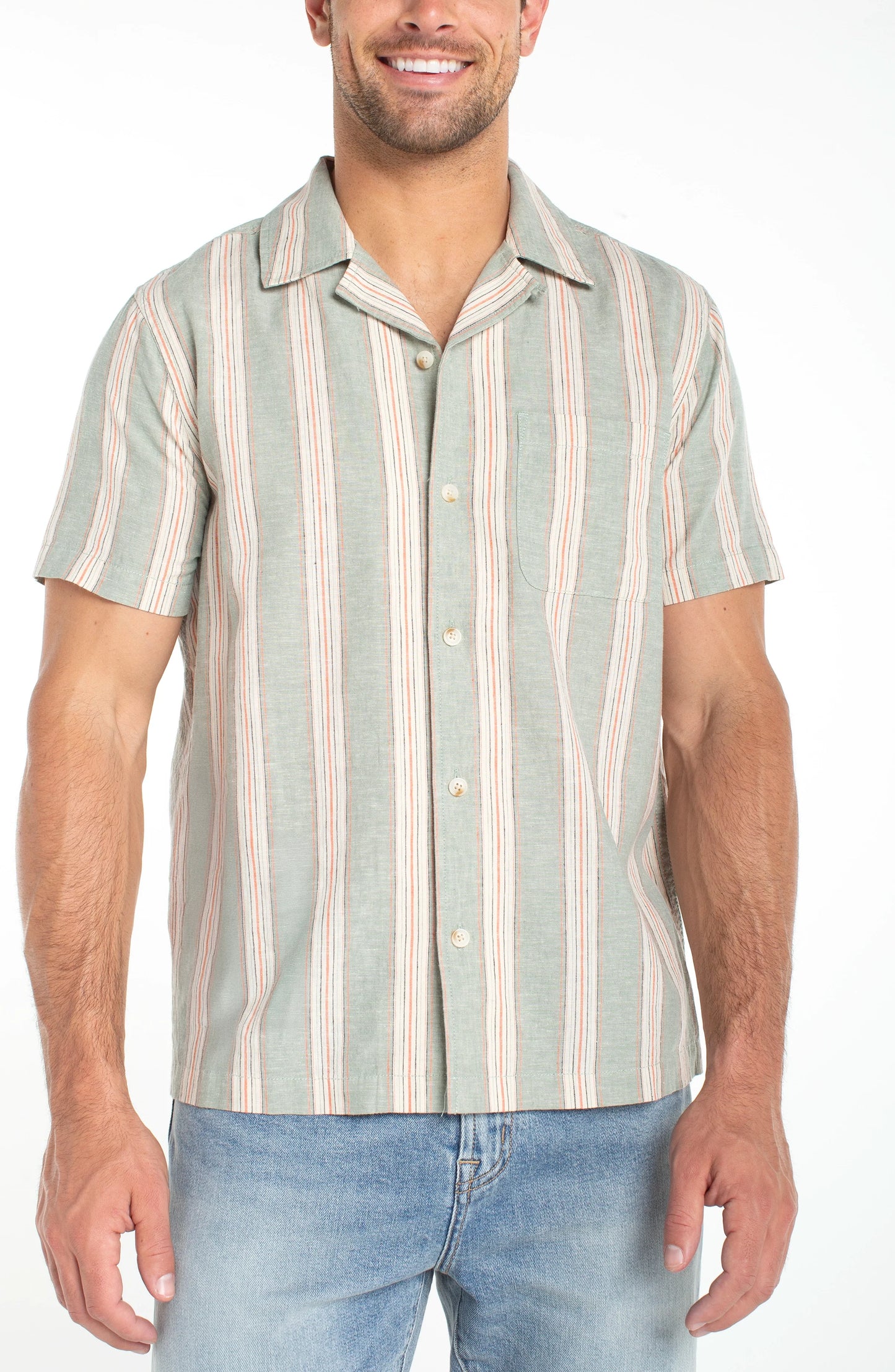 Short Sleeve Button Up in Sage Stripe | Liverpool