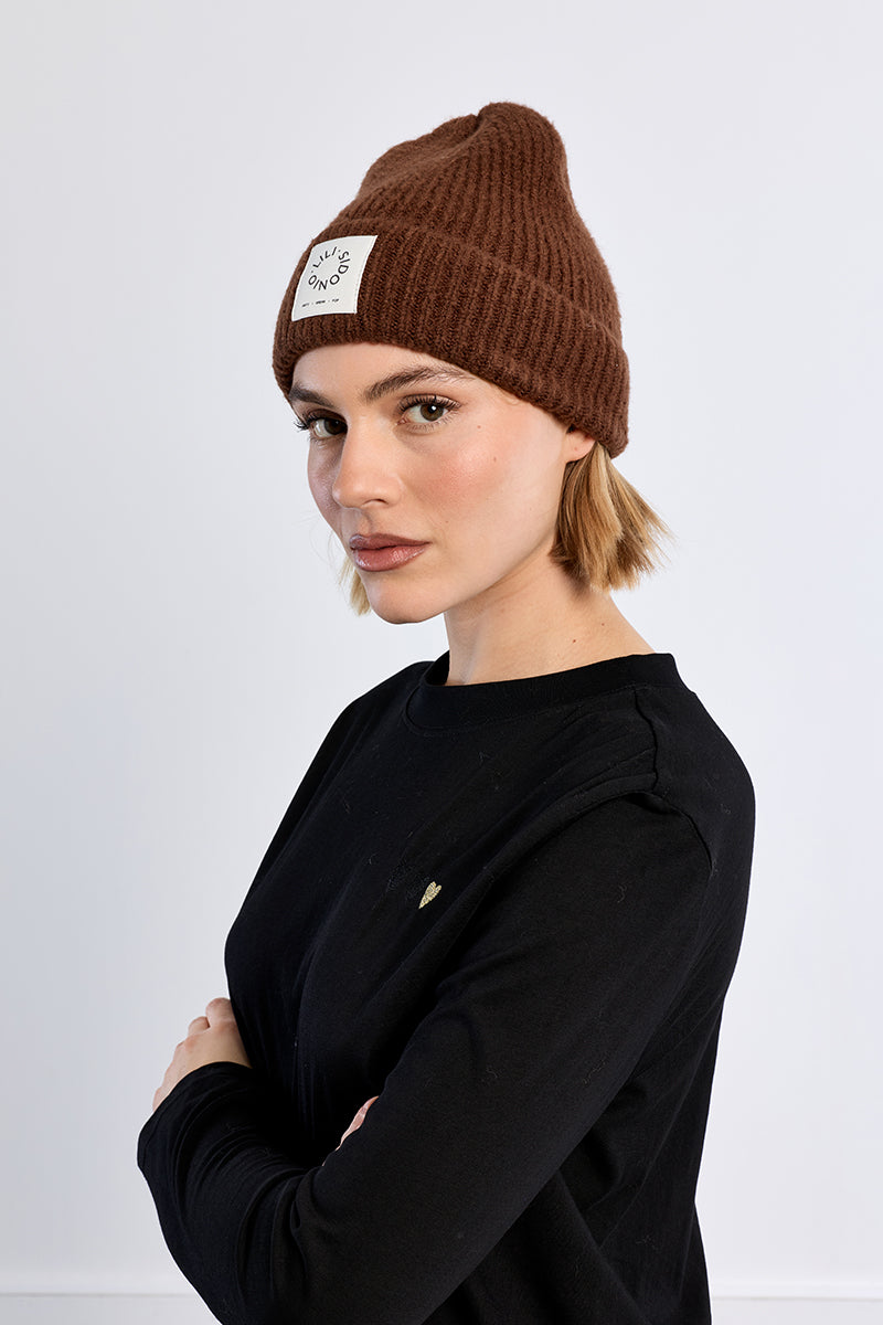 Knit Foldover Beanie in Chocolate