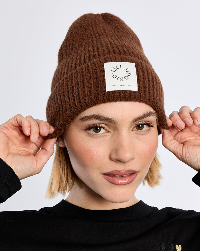 Knit Foldover Beanie in Chocolate