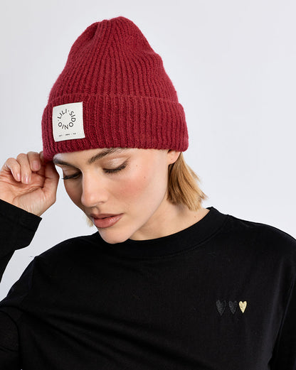 Knit Foldover Beanie in Dark Red
