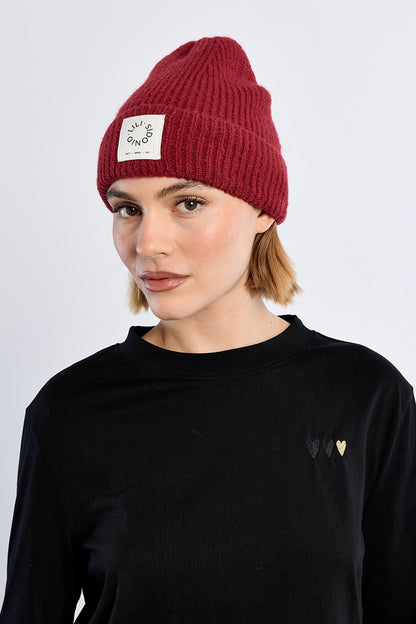 Knit Foldover Beanie in Dark Red