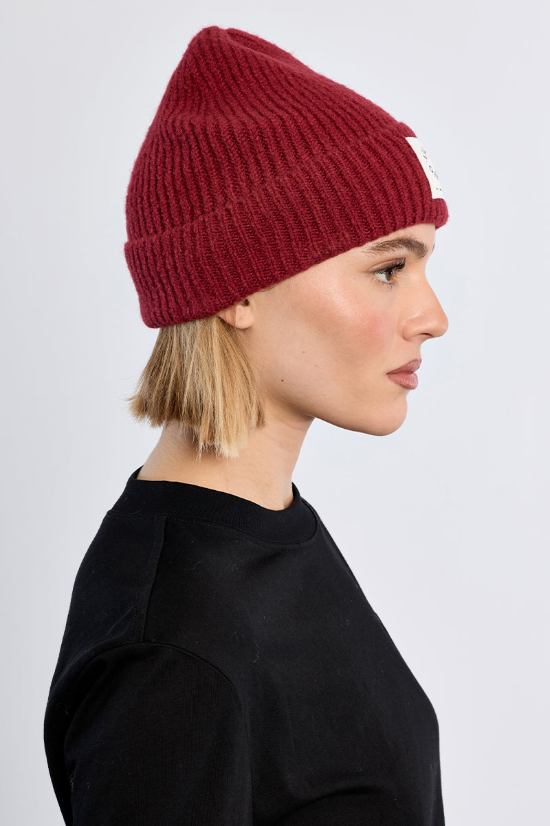 Knit Foldover Beanie in Dark Red