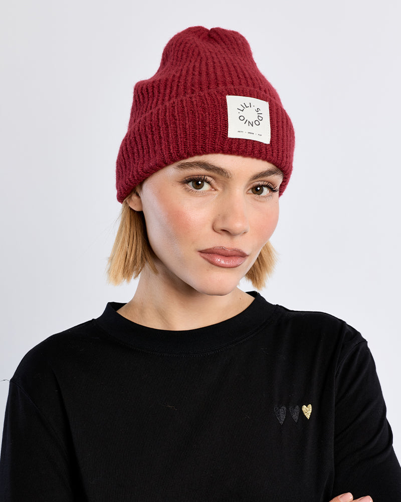 Knit Foldover Beanie in Dark Red