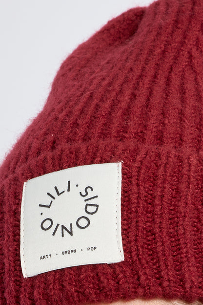 Knit Foldover Beanie in Dark Red