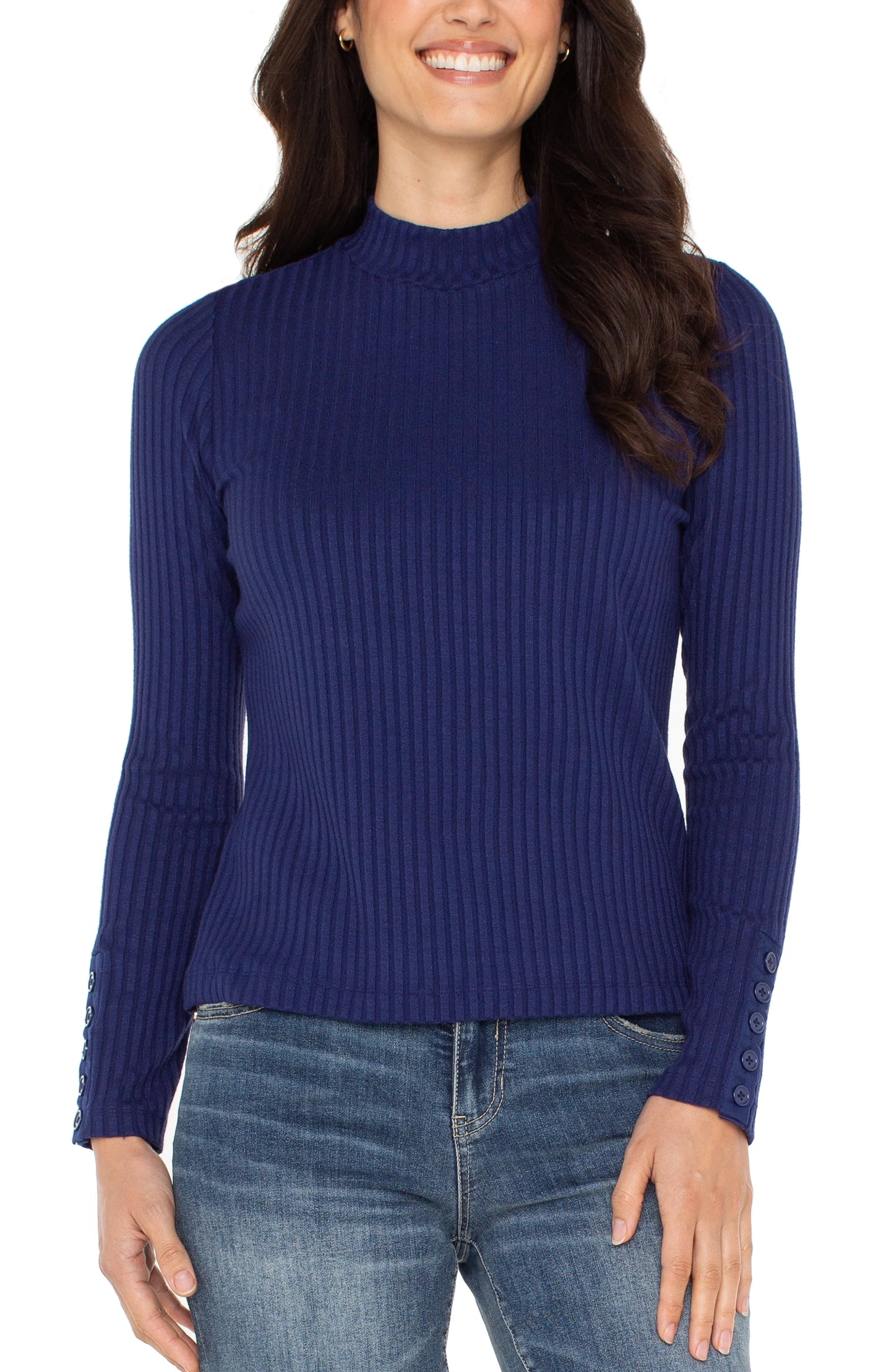 Long Sleeve Mock Rib Top in Navy | Liverpool