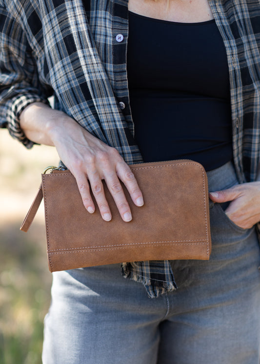 Faux Suede Karina Wristlet in Walnut