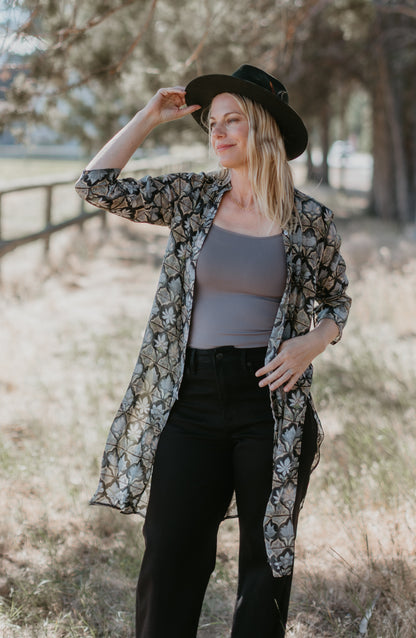 Button Up Tunic in Gray Flower Print | APNY