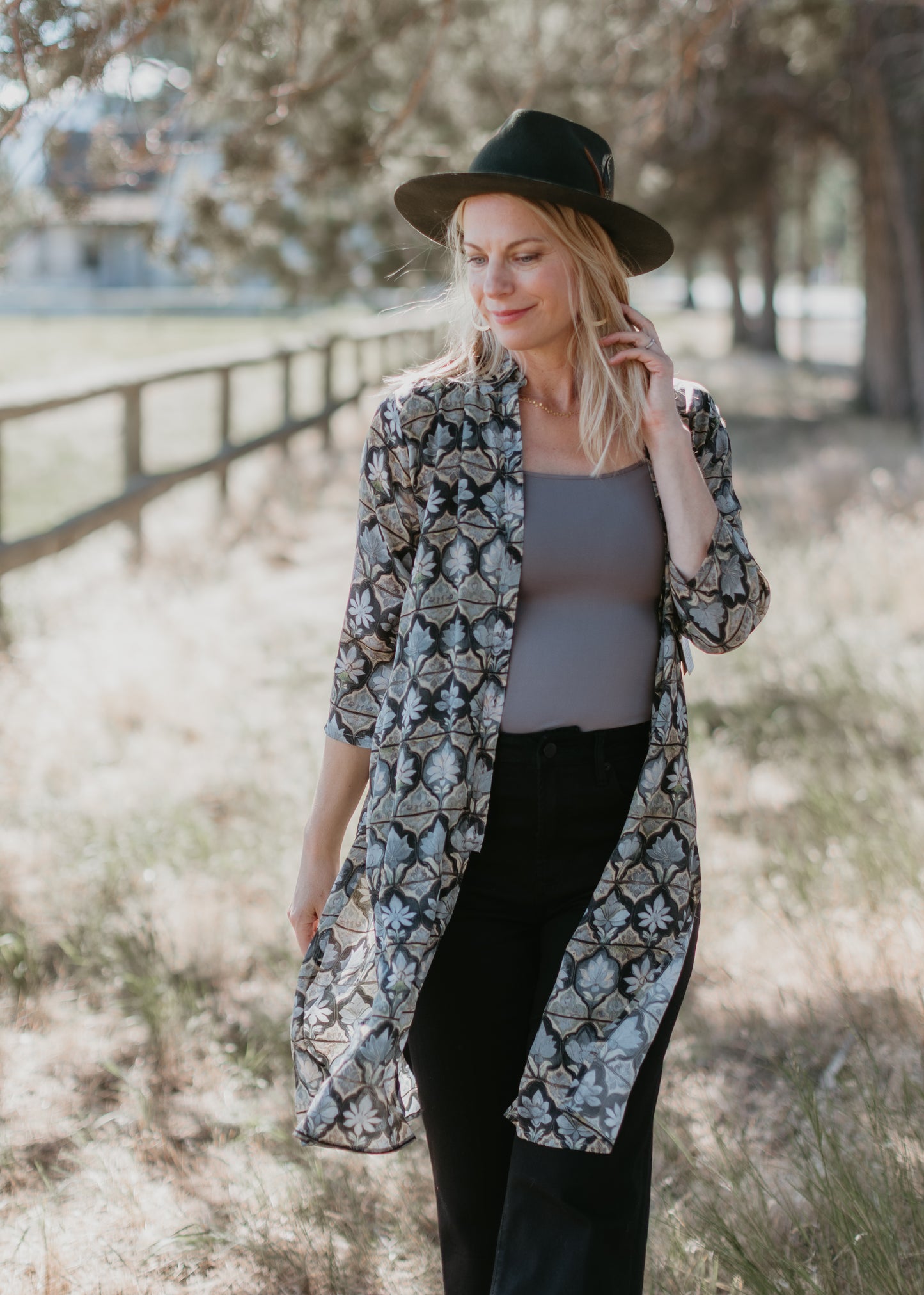 Button Up Tunic in Gray Flower Print | APNY