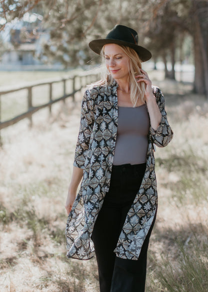 Button Up Tunic in Gray Flower Print | APNY