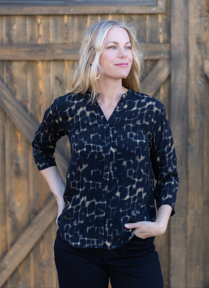 Mandarin Collar Blouse in Black Geo Print | APNY
