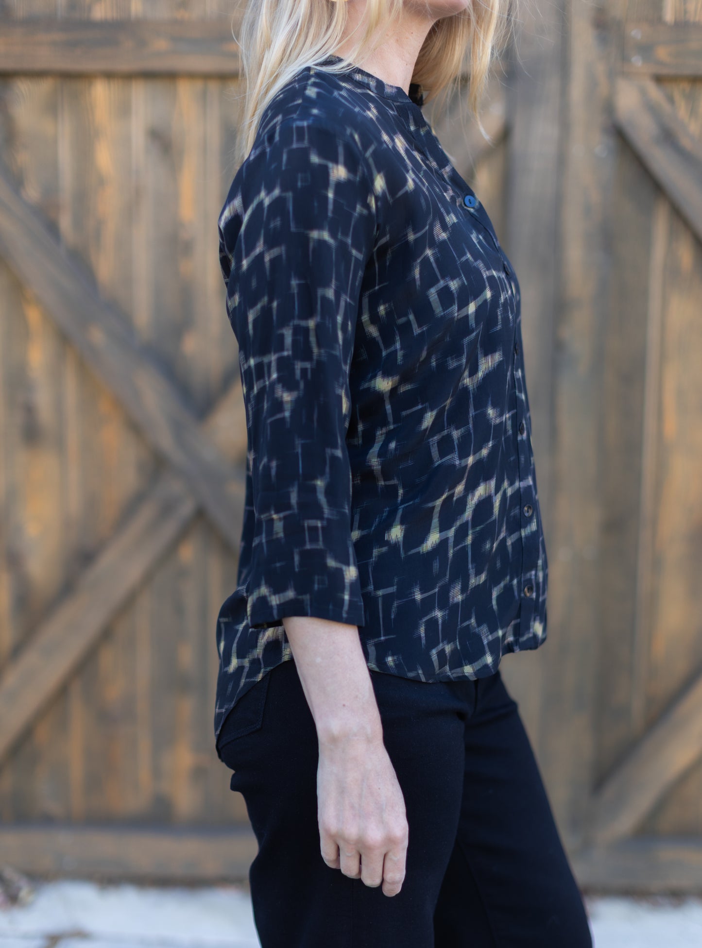 Mandarin Collar Blouse in Black Geo Print | APNY