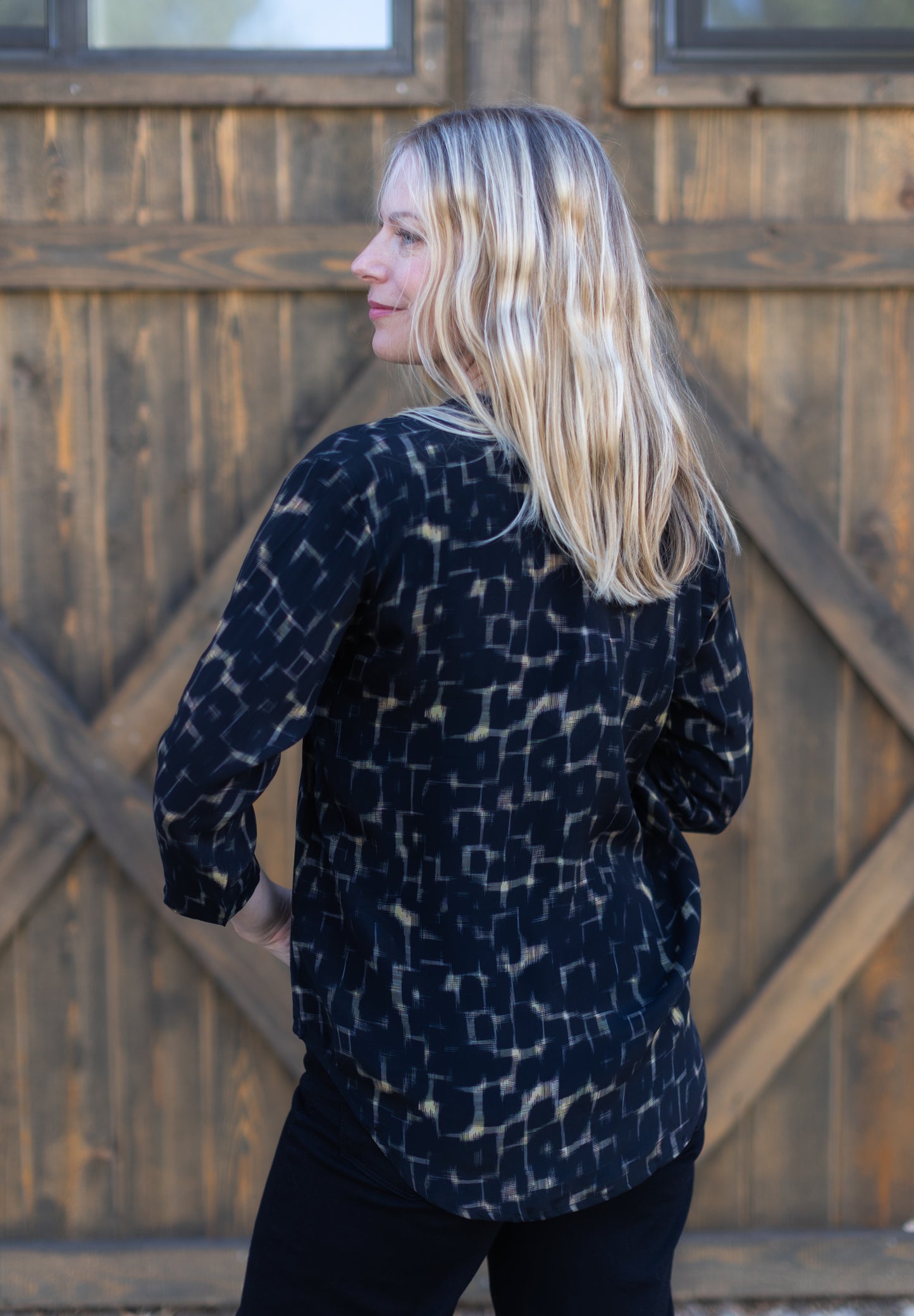 Mandarin Collar Blouse in Black Geo Print | APNY