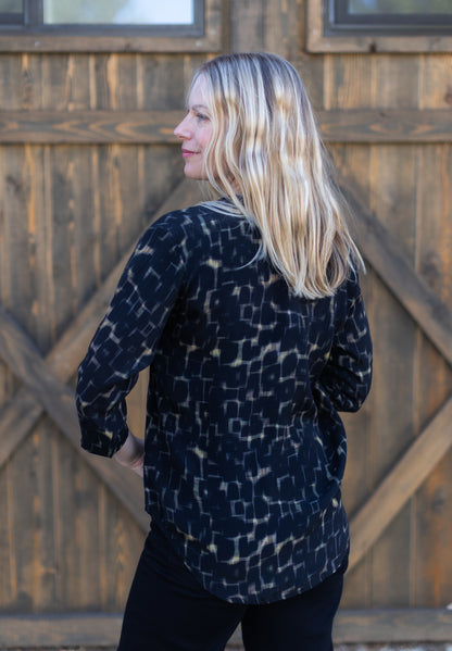 Mandarin Collar Blouse in Black Geo Print | APNY