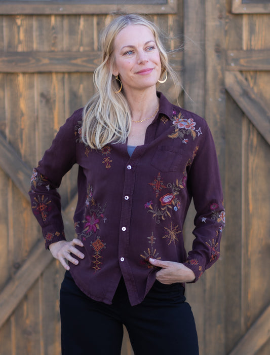 Amara Embroidred Shirt in Oxblood | Caite