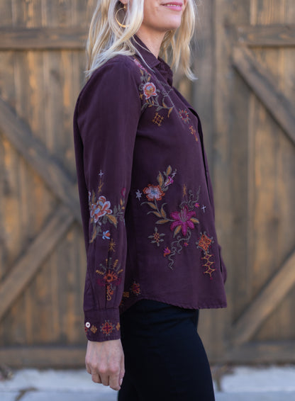 Amara Embroidred Shirt in Oxblood | Caite