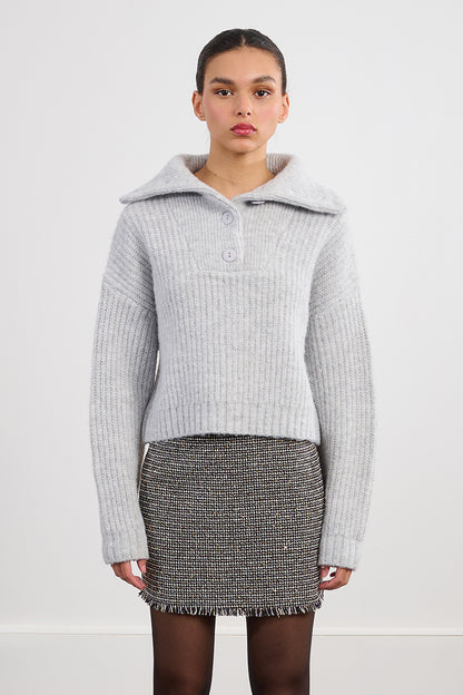 Quarter Button Sweater in Light Grey